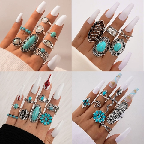 Vintage Bohemian Rings Alloy Carved Turquoise Opal Stone Ethnic Antique Silver Finish Stackable Finger Jewelry For Women