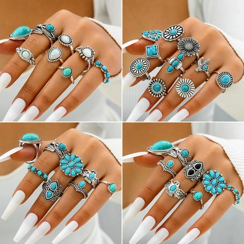 Vintage Bohemian Rings Alloy Carved Turquoise Opal Stone Ethnic Antique Silver Finish Stackable Finger Jewelry For Women