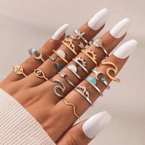 Bagues Bohèmes Vintage Alliage Turquoise Soleil Lune Étoile Œil Maléfique Géométrique Bijoux Empilables Pour Femmes Hommes