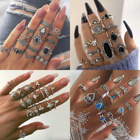 Bagues Bohèmes Vintage Alliage Turquoise Soleil Lune Étoile Œil Maléfique Géométrique Bijoux Empilables Pour Femmes Hommes