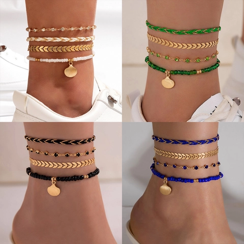 Bohemian Layered Anklets Alloy Shell Starfish Beads Woven Rope Beach Vacation Jewelry For Women