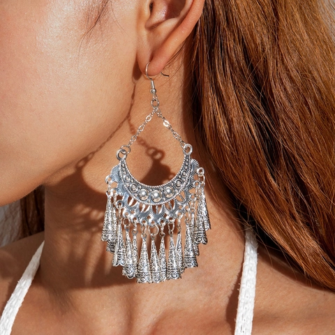 Boho Ethnische Legierung Ohrringe Und Halskette Hohl Geometrisch Mond Quaste Retro Schmuck Für Frauen
