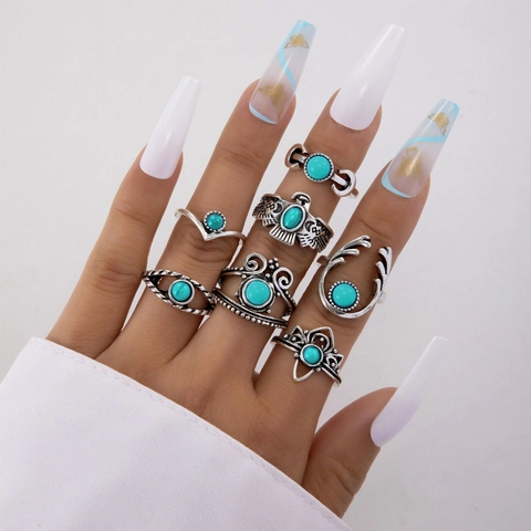 Anelli Boho Vintage In Lega Turchese Sintetico Resina Per Donne Etnico Fiore Aquila Piuma Luna Cactus Gioielli Da Dito