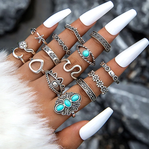 Bohemian Vintage Alloy Rings Stackable Knuckle Joint Synthetic Turquoise Moon Star Flower Elephant Ethnic Style Jewelry For Women