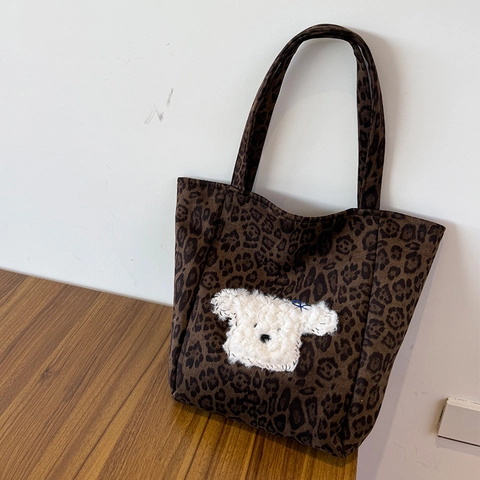Leopard Print Suede Tote Bag With Fluffy Dog Patch Large Capacity Retro Shoulder Handbag For Women Zipper Closure
