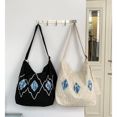 Women Large Capacity Tote Bag Polyester Crossbody Shoulder Bag Adjustable Strap Denim Patchwork Wave Embroidery Chic