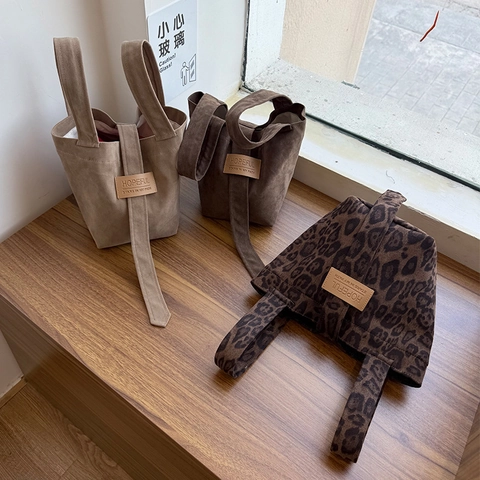 Damen Wildleder Eimer Handtasche Retro Leopardenmuster Tote Bag Mit Lederetikett Kordelzug