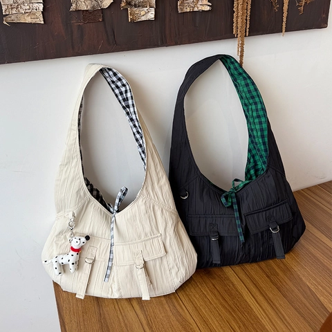 Große Umkehrbare Hobo-Tasche Aus Plissee-Polyester Mit Karofutter Street Style Damen Schultertasche Und Umhängetasche