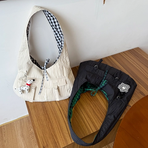 Große Umkehrbare Hobo-Tasche Aus Plissee-Polyester Mit Karofutter Street Style Damen Schultertasche Und Umhängetasche