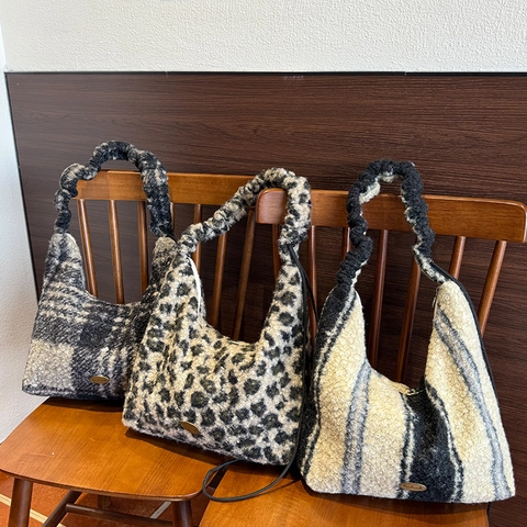 Damen Plüsch Tragetasche Kunstpelz Leopard Kariert Gestreift Schultertasche Mit Gezogenem Griff Urban Minimalistisch