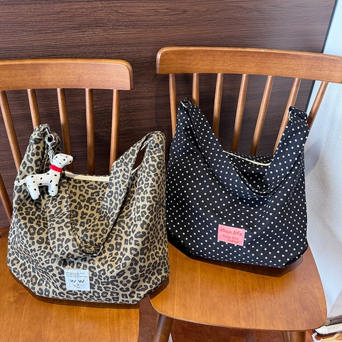 Sac Bandoulière En Toile Pour Femmes Sac Hobo Grande Capacité Imprimé Léopard Pois Sac À Main Voyage Décontracté