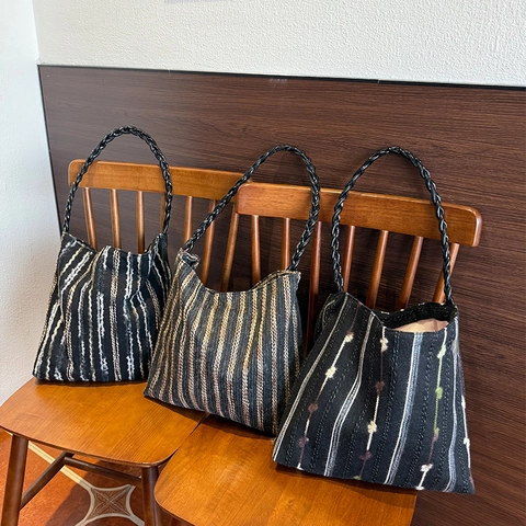 Gestreifte Gewebte Damen Tragetasche Strick Umhängetasche Geflochtener Griff Retro Große Kapazität Lässige Handtasche