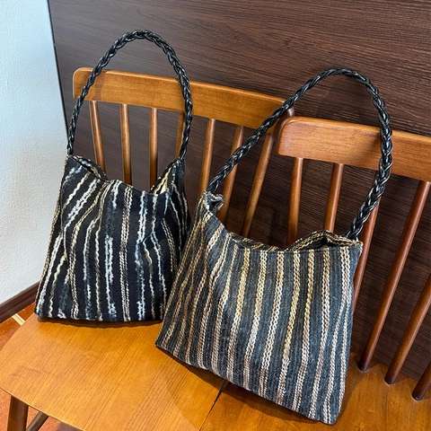 Gestreifte Gewebte Damen Tragetasche Strick Umhängetasche Geflochtener Griff Retro Große Kapazität Lässige Handtasche