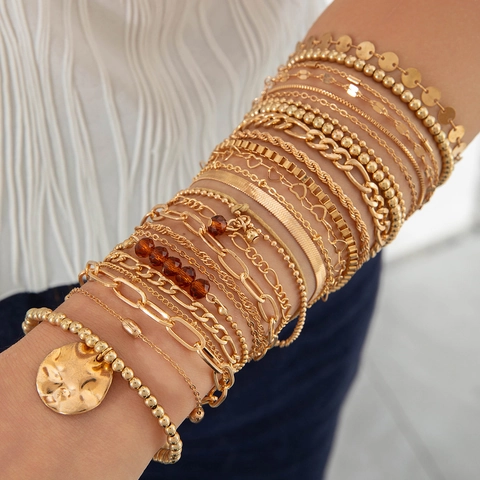 Bohemian Multi Layer Bracelets Women Gold Tone Iron Alloy Beaded Snake Chain Coin Pendant Retro Jewelry