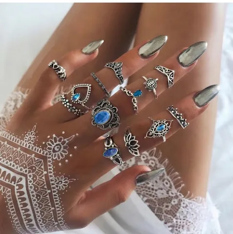 Vintage Alloy Gemstone Ring Collection For Women Bohemian Geometric Water Drop Heart Hollow Out Silver Color Finger Rings
