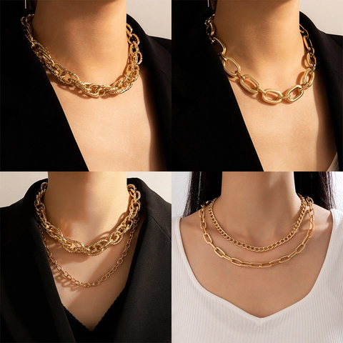 Punk Alloy Chunky Chain Necklace For Women Men Gold Silver Plated Hammered Geometric Statement Jewelry Hip Hop Choker