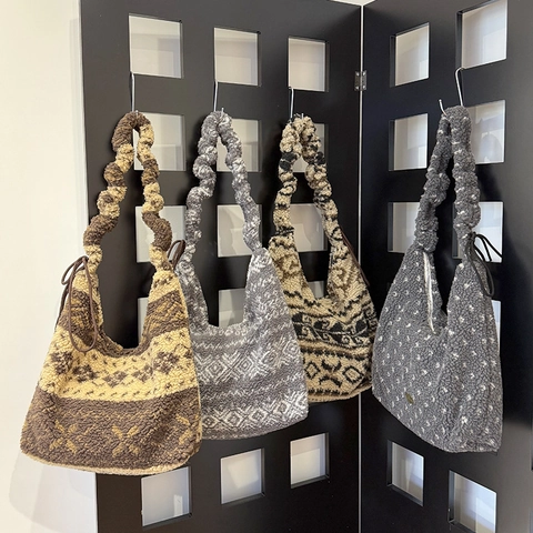 Plüsch Hobo Tasche Für Damen Lammwolle Kunstfell Ethnisch Geometrisch Großes Fassungsvermögen Winter Herbst Schultertasche Weich