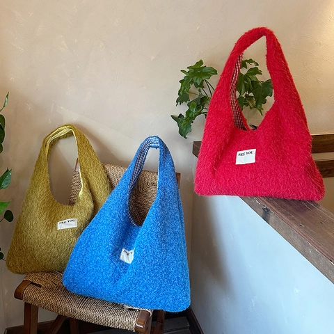 Sac Fourre-Tout Réversible En Peluche Pour Femme Grande Capacité Double Face Sac À Épaule À Carreaux Style Coréen Hiver