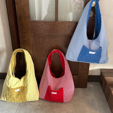Sac Fourre-Tout Réversible En Peluche Pour Femme Grande Capacité Double Face Sac À Épaule À Carreaux Style Coréen Hiver