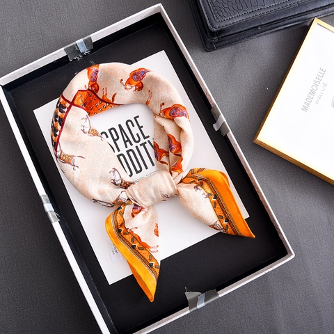 Elegant Square Satin Scarf Soft Polyester Satin Retro Print Contrast Color Fashion Neck Head Wrap For Women