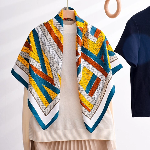 Bufanda de Satén con Patrón de Trenza Geométrica de Moda Color de Contraste Pañuelo Cuadrado Grande Protección Solar para Mujer Viaje Casual Bufanda Decorativa