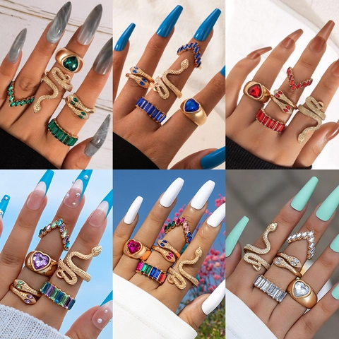 Vintage Schlange Herz Strass Edelstein Ring Set Für Damen Legierung Gold Silber Plattiert Mode Schmuck Gelenkringe Geschenk