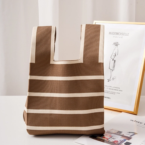 Bolso De Mano De Punto Rayas Color Contraste Poliéster Tejido Bolso De Mano Informal Ligero Moda Mujer