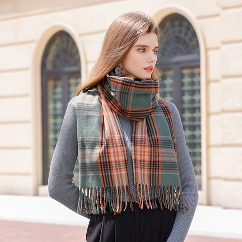 Women's Cashmere Like Plaid Scarf Thick Warm Winter Shawl Wrap With Tassels Soft Oversized Checkered Scarf For Everyday Wear