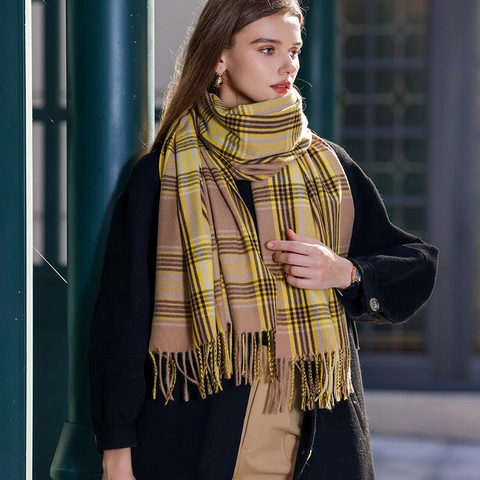 Women's Cashmere Like Plaid Scarf Thick Warm Winter Shawl Wrap With Tassels Soft Oversized Checkered Scarf For Everyday Wear