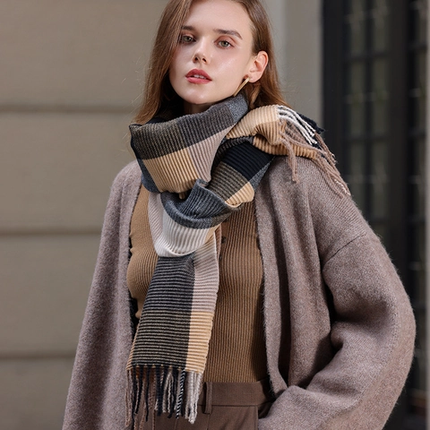 Plaid Pleated Scarf Women Men Winter Warm Soft Imitation Cashmere Large Shawl Wrap Fashion Tassels Neckwear Accessory