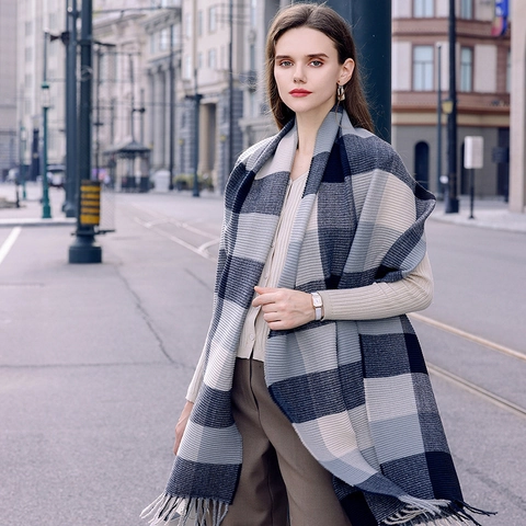 Plaid Pleated Scarf Women Men Winter Warm Soft Imitation Cashmere Large Shawl Wrap Fashion Tassels Neckwear Accessory