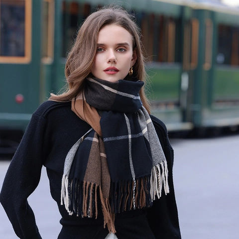 Bufanda de Cuadros de Invierno para Mujer Tipo Cachemira Chal Grueso Cálido con Borlas Vintage Bloque de Color Bufanda Grande
