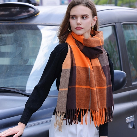 Bufanda de Cuadros de Invierno para Mujer Tipo Cachemira Chal Grueso Cálido con Borlas Vintage Bloque de Color Bufanda Grande