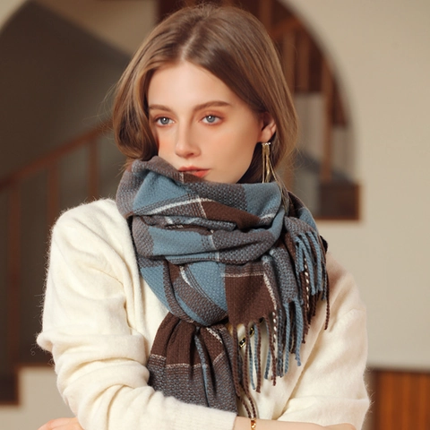 Sciarpa Invernale A Quadri Spessa Calda Imitazione Cashmere Frange Nappine Motivo A Grandi Quadri Accessorio Da Donna