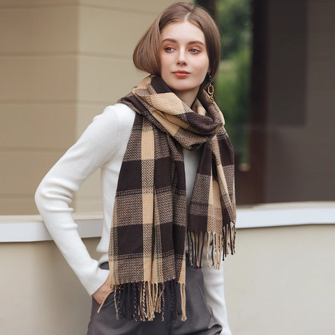 Sciarpa Invernale A Quadri Spessa Calda Imitazione Cashmere Frange Nappine Motivo A Grandi Quadri Accessorio Da Donna