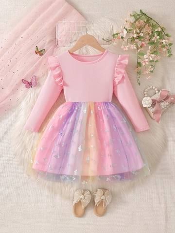 Mädchen Langarm Prinzessin Kleid Regenbogen Verlauf Tüll Schmetterlingsdruck Rüschen Baumwollmischung Tutu Kleid Herbst Party Kleidung