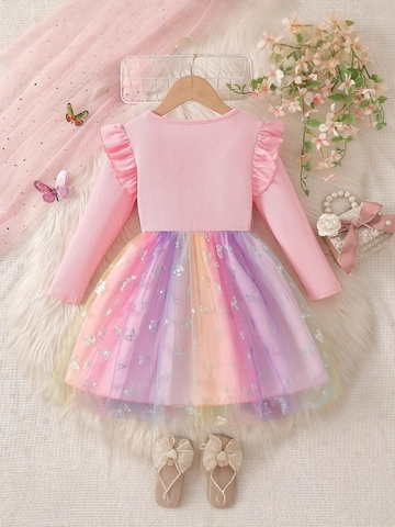 Mädchen Langarm Prinzessin Kleid Regenbogen Verlauf Tüll Schmetterlingsdruck Rüschen Baumwollmischung Tutu Kleid Herbst Party Kleidung