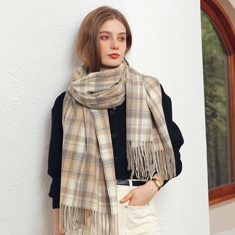 Écharpe À Carreaux Femme Hiver Chaud Épais Imitation Cachemire Doux Polyester Châle Avec Glands Style Britannique