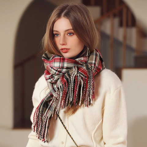 Écharpe À Carreaux Femme Hiver Chaud Épais Imitation Cachemire Doux Polyester Châle Avec Glands Style Britannique