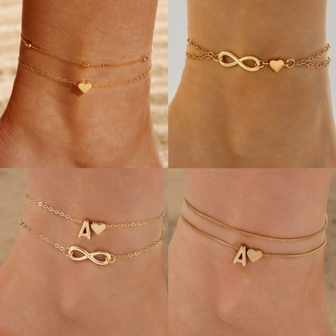 Boho Layered Anklet Alloy Rhinestone Heart Infinity Initial Charm Summer Beach Foot Jewelry For Women Adjustable