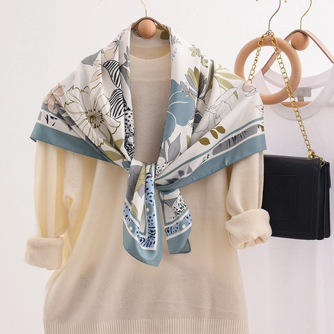 Elegant Large Square Scarf Polyester Satin Feeling French Retro Floral Tropical Leaf Zebra Print Fashion Wraps For Women