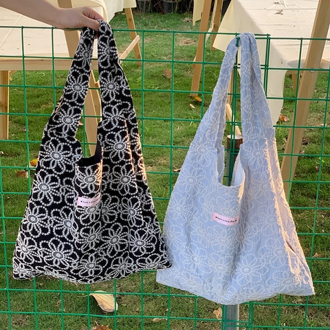 Women Daisy Embroidery Tote Bag Polyester Large Capacity Shoulder Bag With Have A Nice Day Label Daily Fashion Shopper Bag