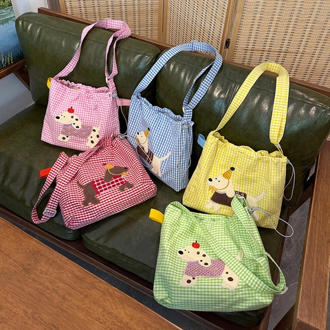 Gingham Crossbodytas Met Trekkoord Polyester Stof Cartoon Hond Borduurwerk Verstelbare Riem Casual Schattige Stijl Tas