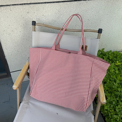 Rote Weiße Gingham Karierte Tragetasche Große Kapazität Polyester Schulter Handtasche Damen Mit Buntem Quastenanhänger