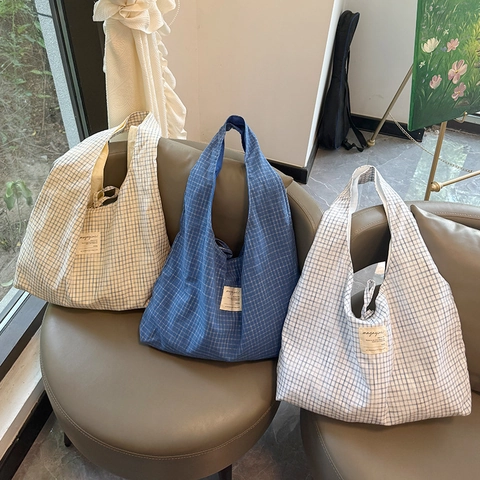 Wendbare Karierte Tragetasche Große Kapazität Polyester Canvas Umhängetasche Retro Minimalistischer Japanischer Stil Für Damen