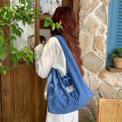 Wendbare Karierte Tragetasche Große Kapazität Polyester Canvas Umhängetasche Retro Minimalistischer Japanischer Stil Für Damen