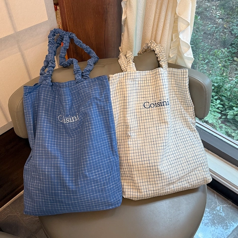 Borsa Tote Da Donna A Quadri Poliestere Grande Capacità Borsa A Spalla Con Manici Arricciati Motivo A Scacchi Casual Quotidiana