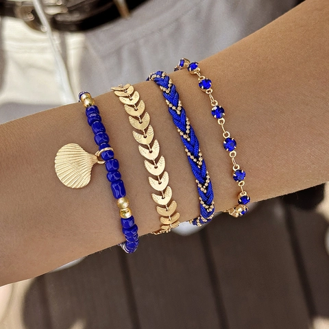Bohemian Shell Leaf Pendant Bracelets Multi Layer Alloy Resin Bead Braided Cord Rhinestone Beach Summer Ethnic Jewelry