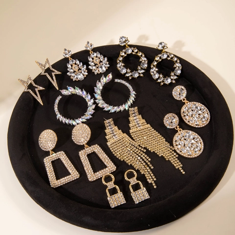 Geometrische Hohllegierung Strass Tropfenohrringe Mit Edelstahl Ohrstecker Funkelnder Luxus Statement Schmuck Für Damen