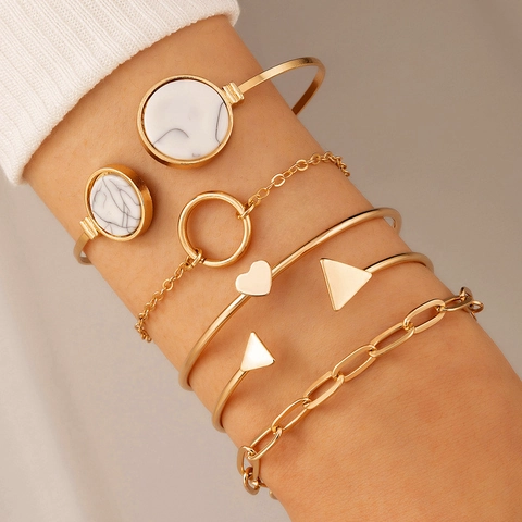 Gold Alloy Bangles And Chain Link Bracelets Bohemian Marble Heart Triangle Geometric Open Cuff Adjustable Layering Jewelry For Women